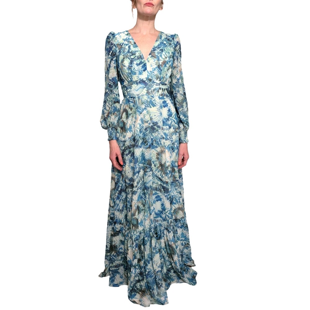 Faeriesty Blue Green Floral Maxi Dress V Neck Balloon Sleeve Whimsical Cottage S